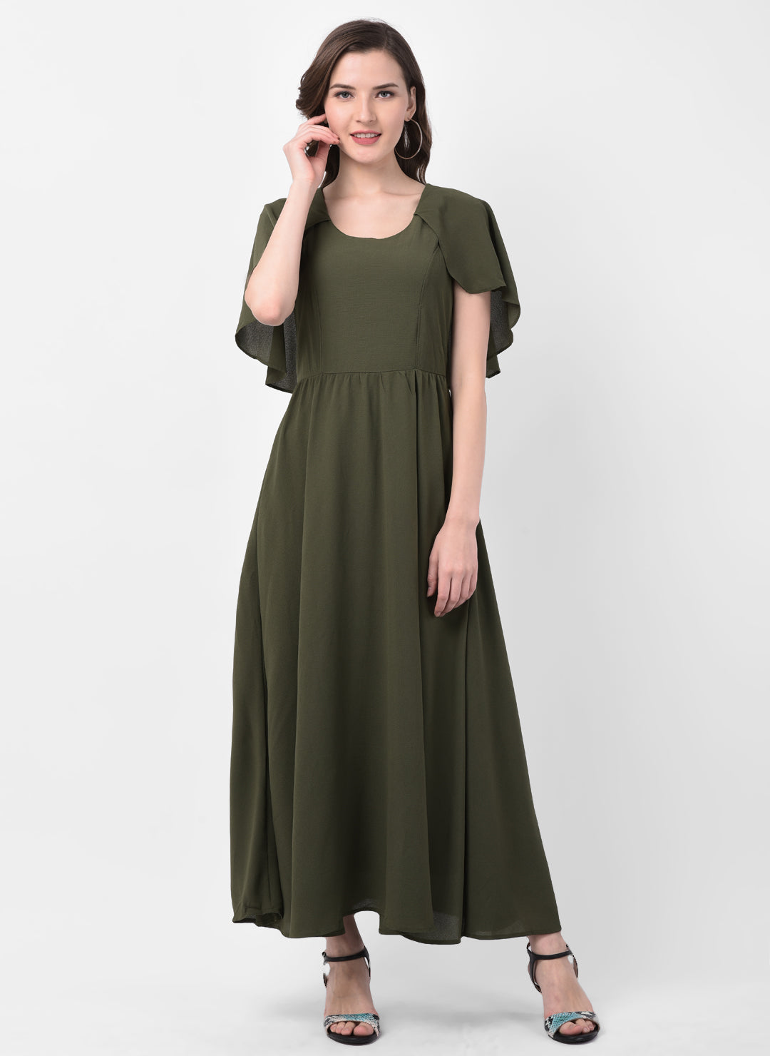 Green Cap Sleeves Maxi Dress