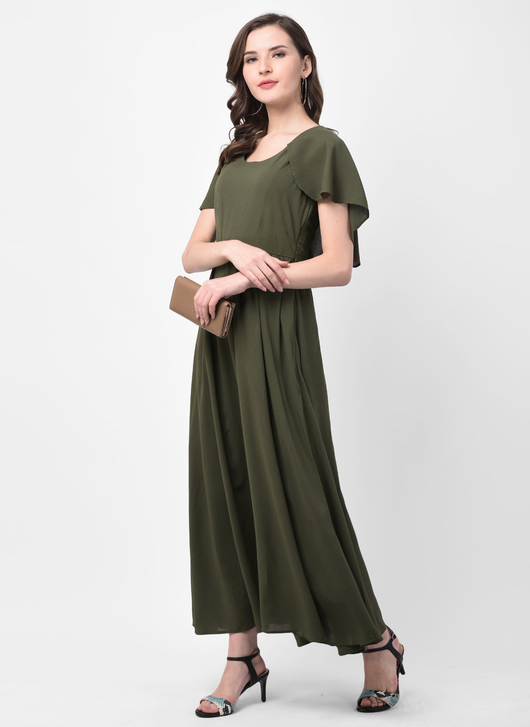 Green Cap Sleeves Maxi Dress