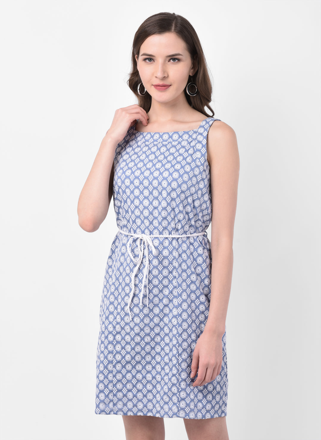 Blue Sleeveless A-Line Dress With Belt