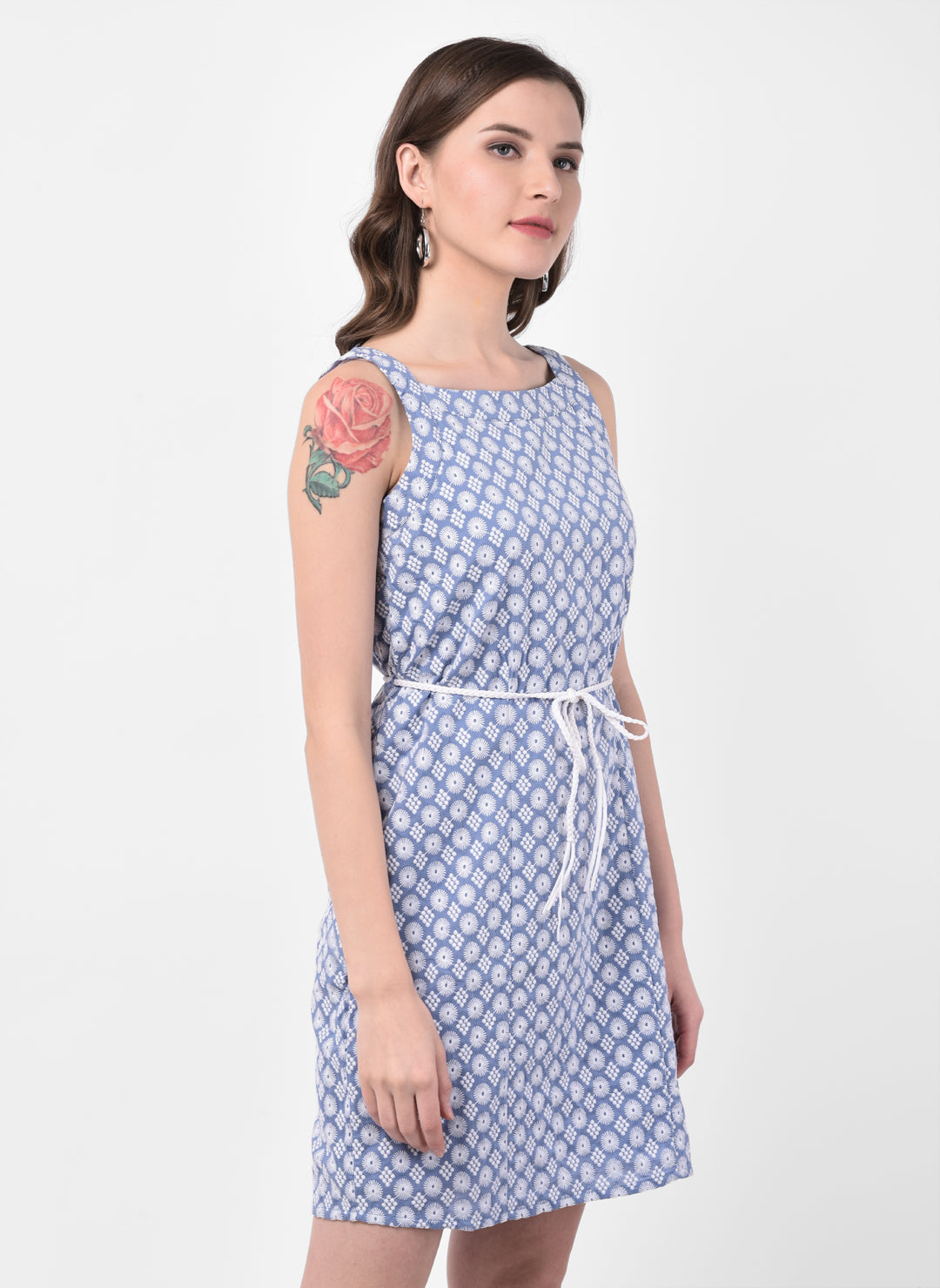 Blue Sleeveless A-Line Dress With Belt