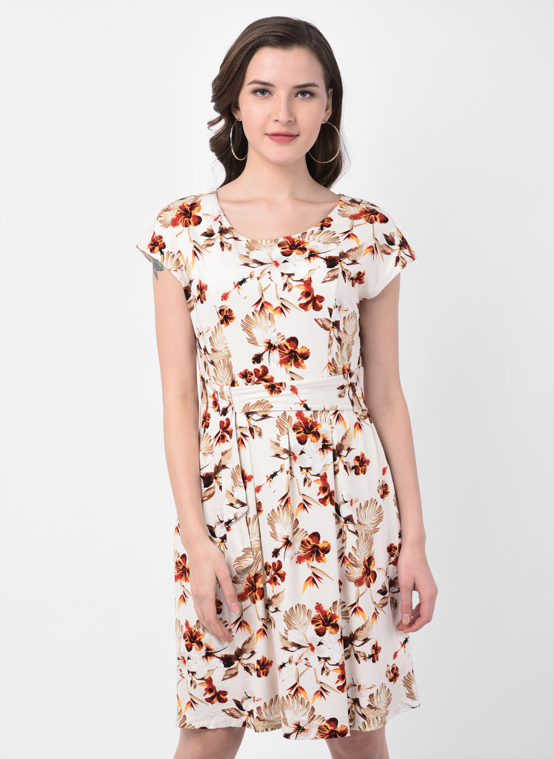 Brown Cap Sleeve A-Line Dress