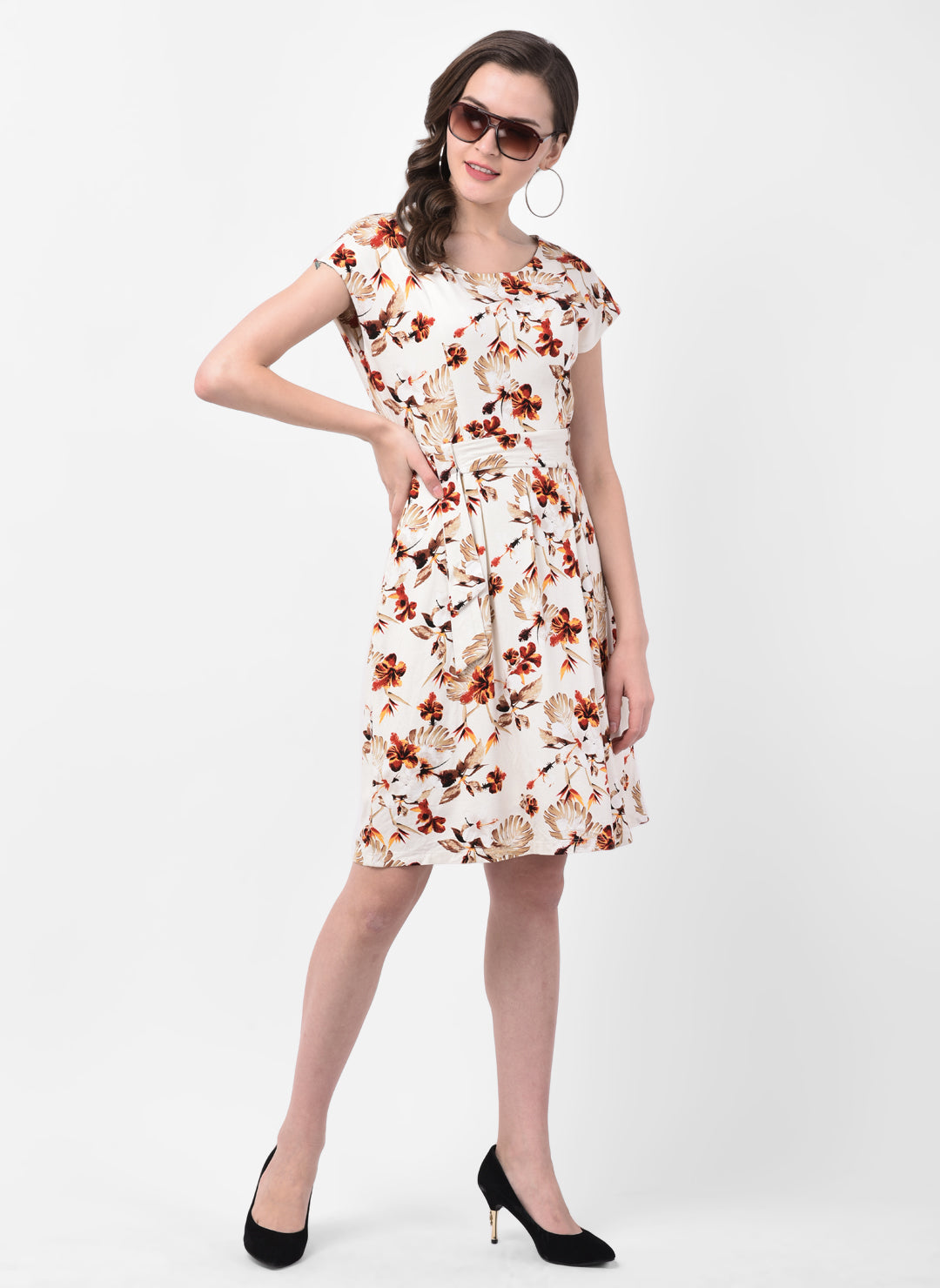 Brown Cap Sleeve A-Line Dress