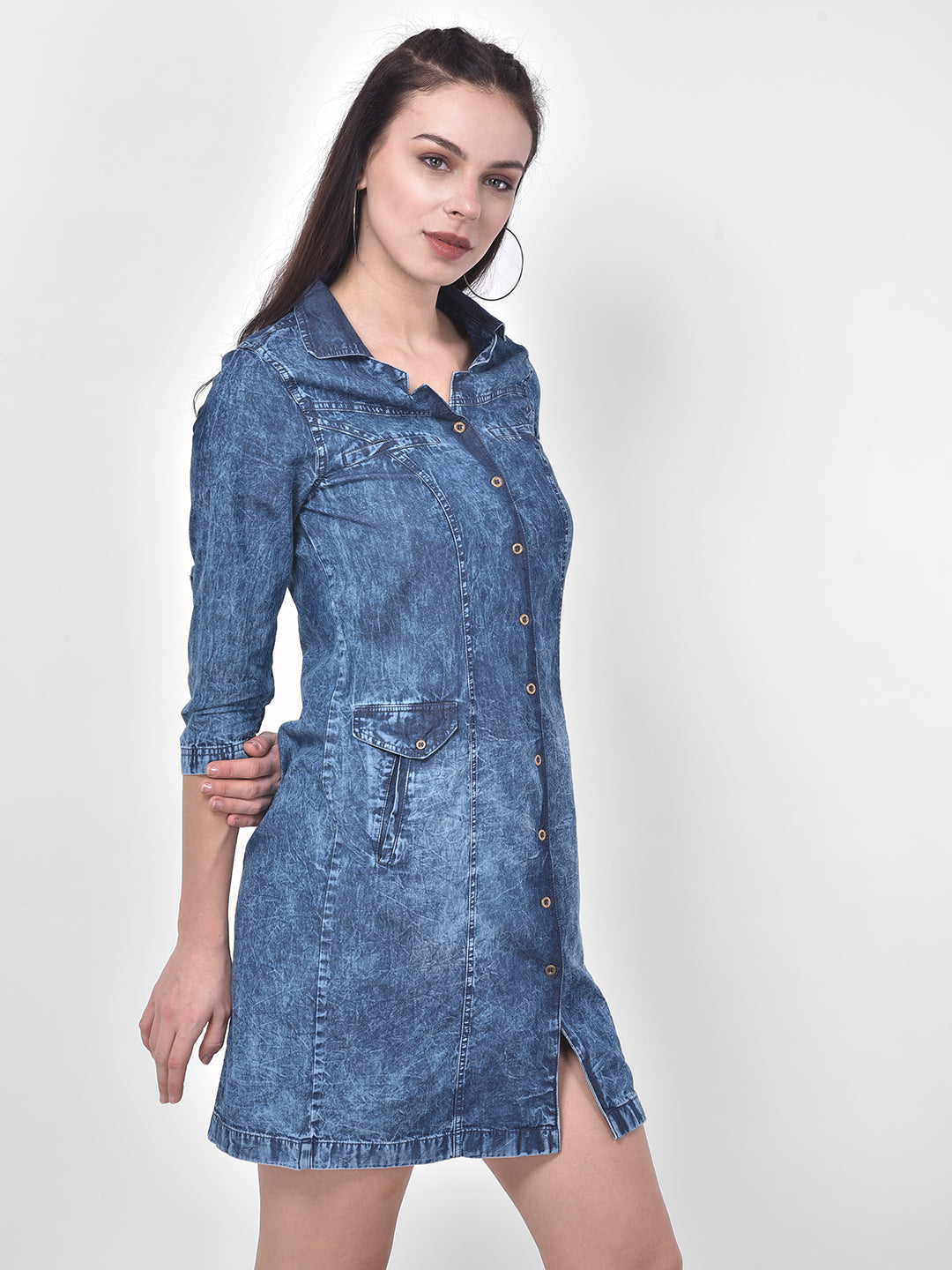 Blue 3/4 Sleeve Shirt Dress With Pokcet