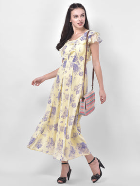 Yellow Cap Sleeve Printed Maxi Dress