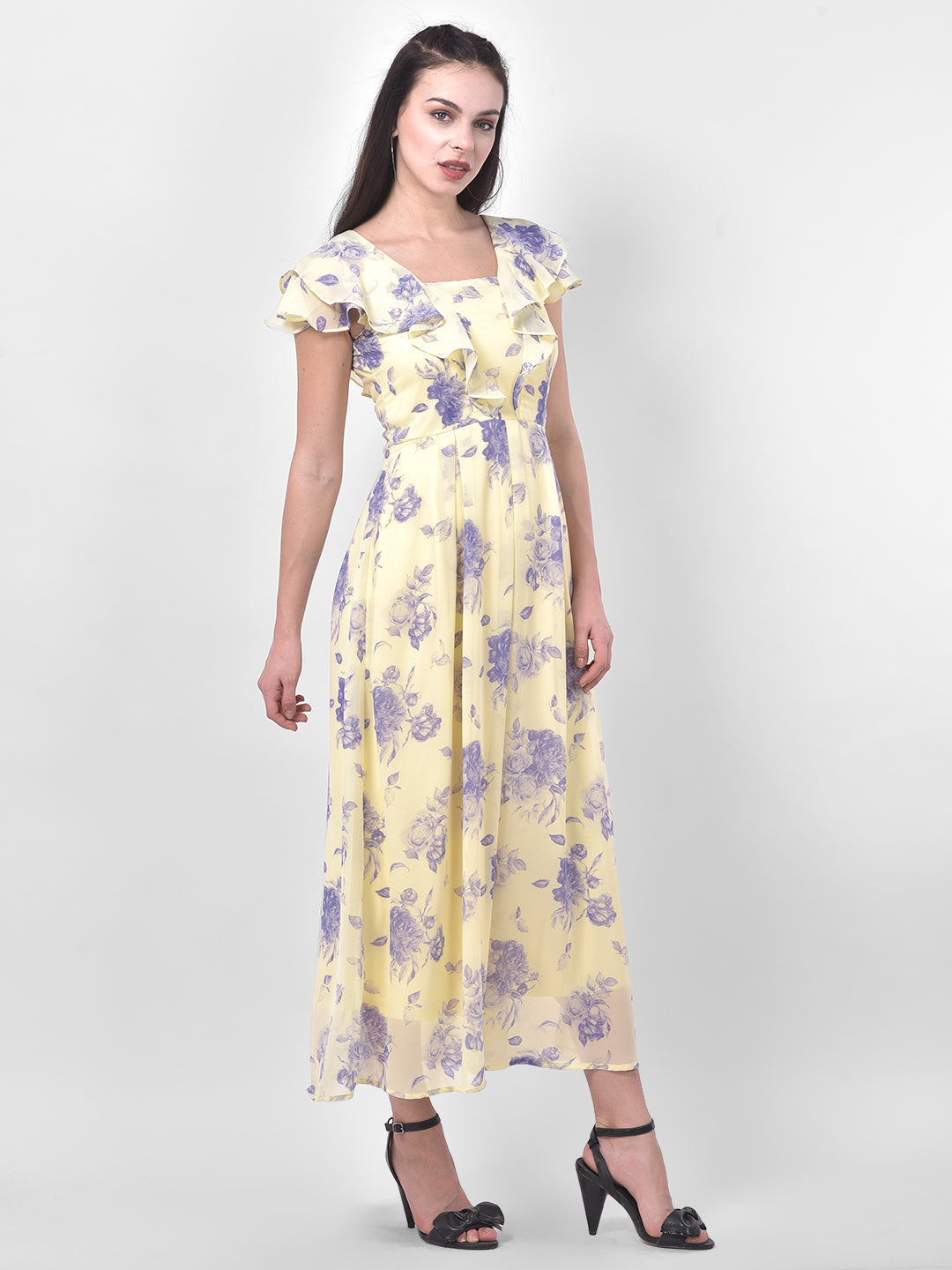 Yellow Cap Sleeve Printed Maxi Dress