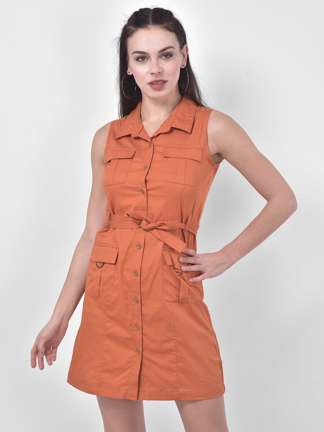Rust Sleeveless Shirt Dress