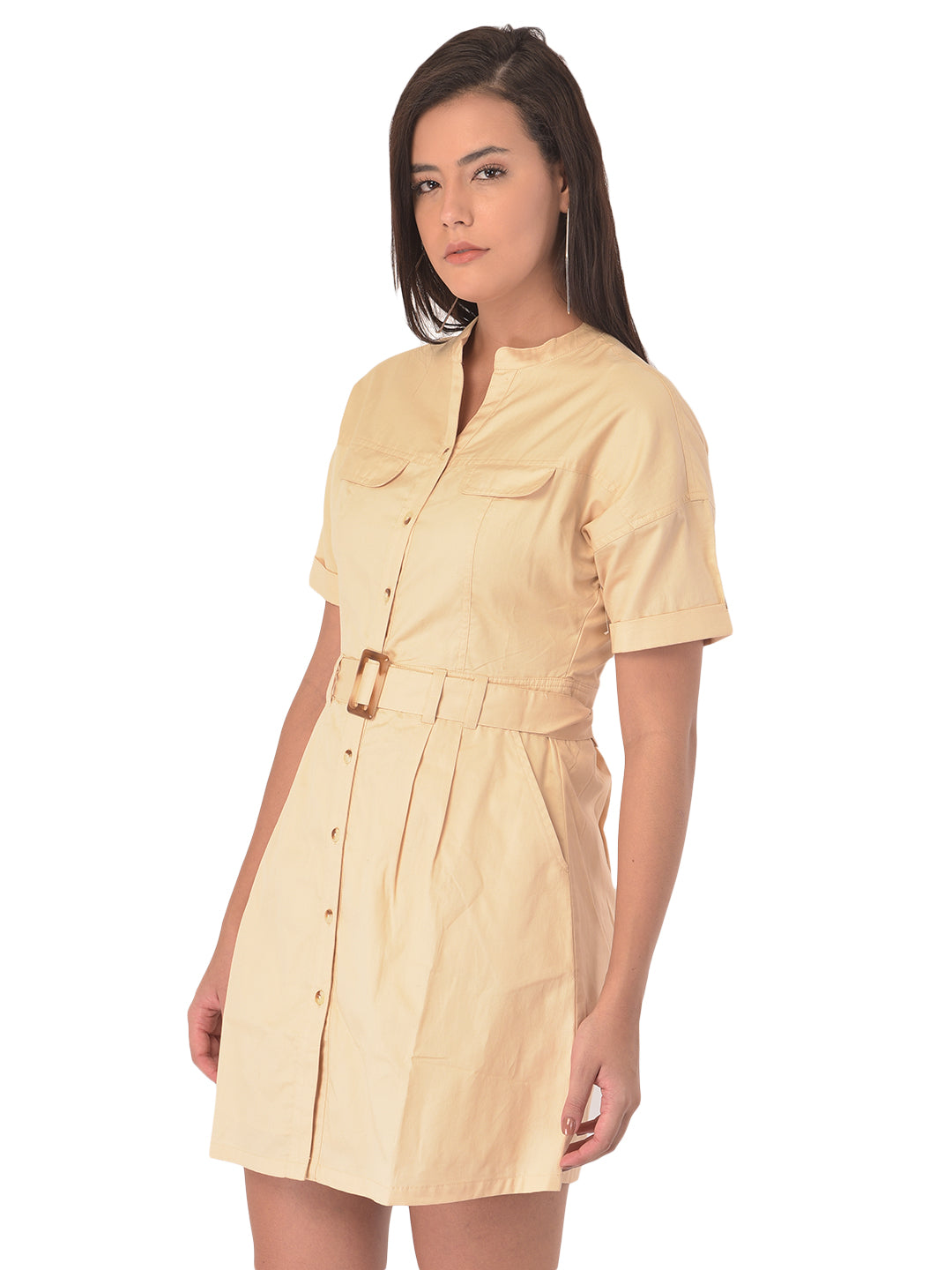 Beige Half Sleeve A-Line Dress With Belt