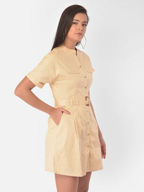 Beige Half Sleeve A-Line Dress With Belt