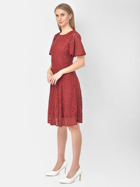 Maroon Half Sleeve A-Line Dress With Lace