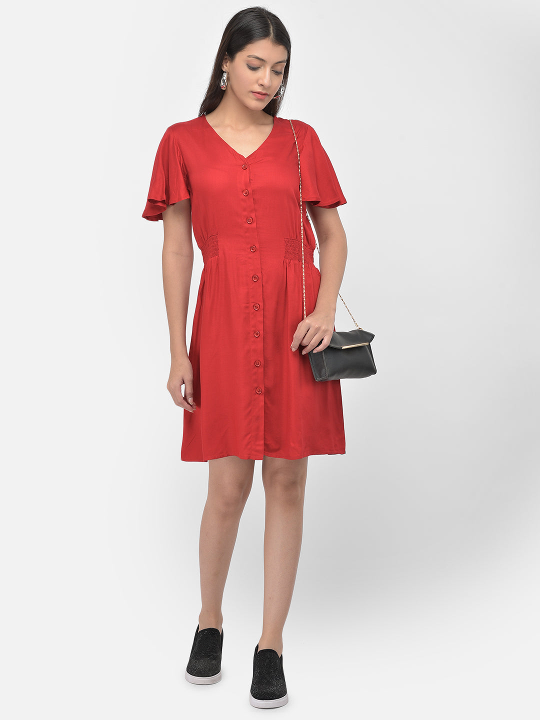 Red Half Sleeves A-Line Dress