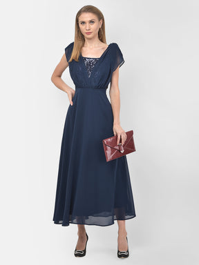 Blue Cap Sleeve Maxi Dress With Sequin