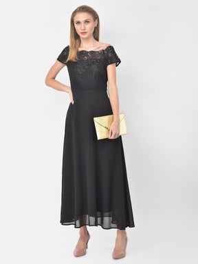 Black Cap Sleeve Maxi Dress With Lace