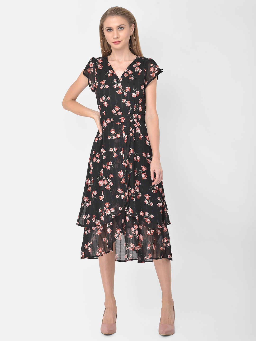 Black Cap Sleeve High Low Floral Dress