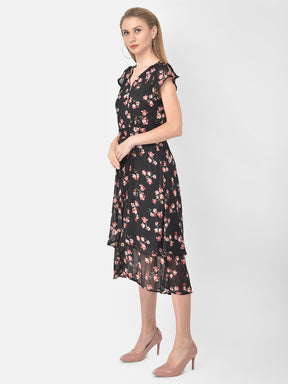 Black Cap Sleeve High Low Floral Dress