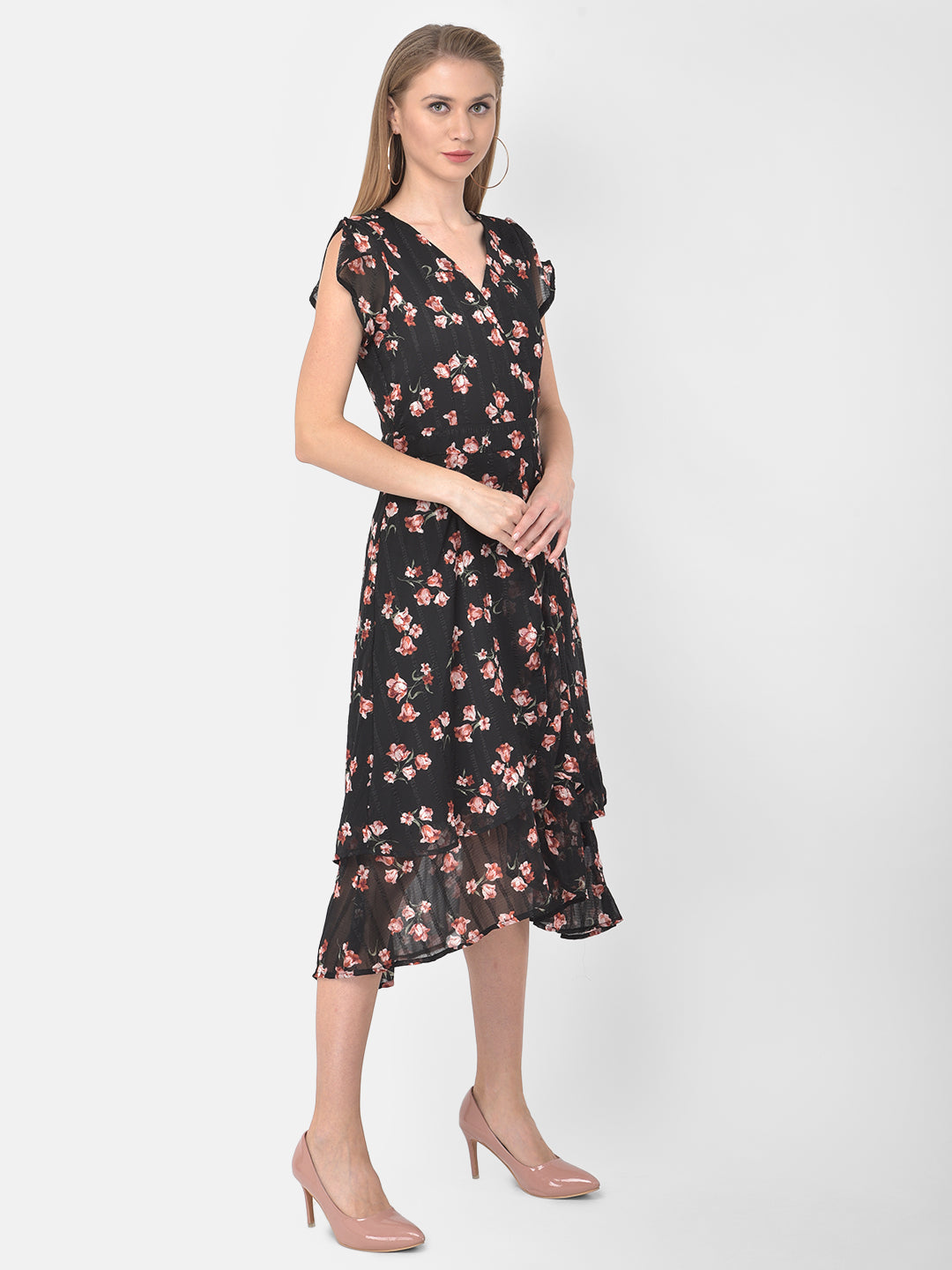 Black Cap Sleeve High Low Floral Dress