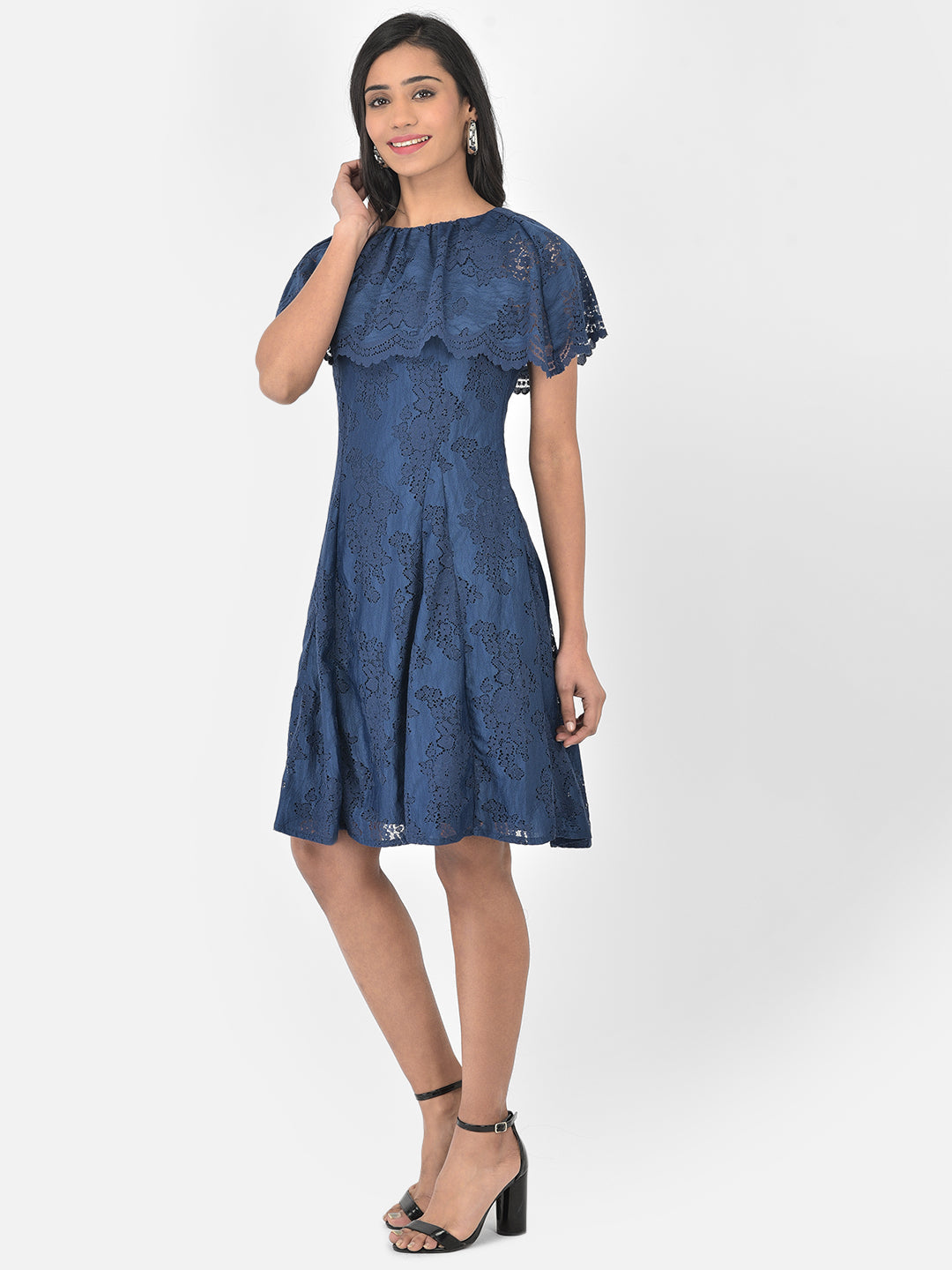 Blue Navy Cap Sleeve A-Line Dress With Lace