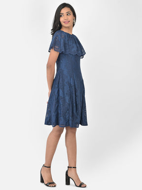 Blue Navy Cap Sleeve A-Line Dress With Lace
