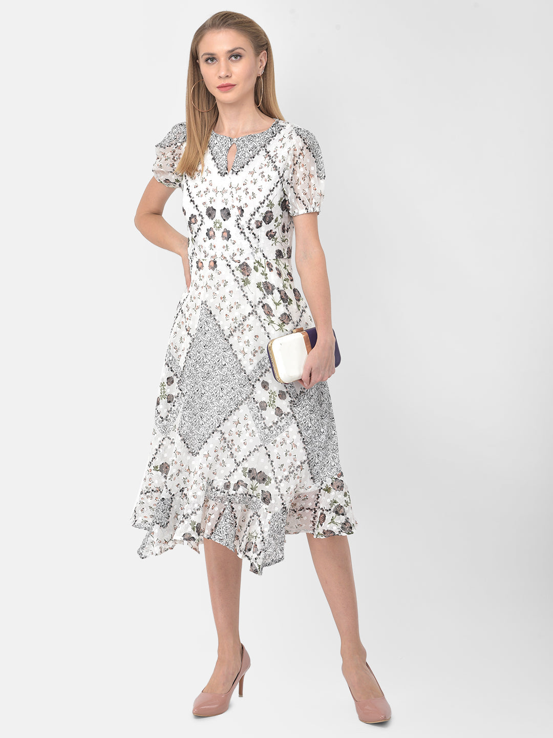 Ivory Half Sleeve A-Line Dress With Ruffles