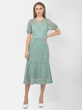 Green Half Sleeve A-Line Long Dress