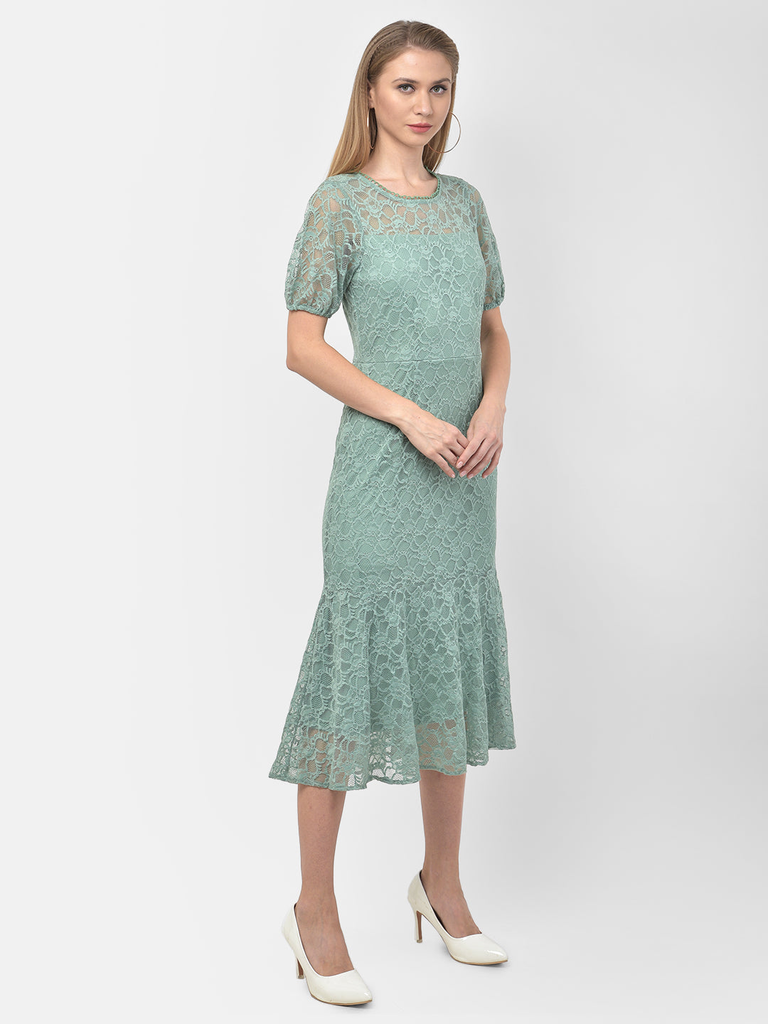 Green Half Sleeve A-Line Long Dress