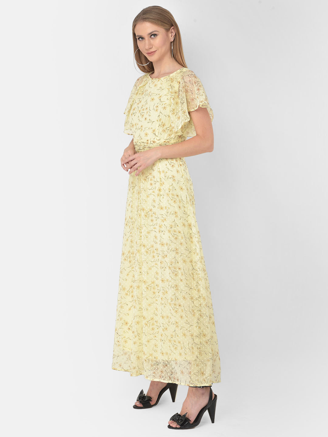 Yellow Cap Sleeve Pleated Maxi Dress