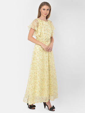 Yellow Cap Sleeve Pleated Maxi Dress