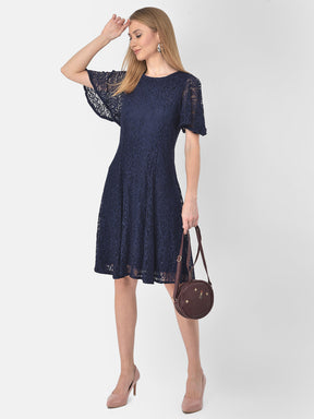 Blue Navy Half Sleeve A-Line Dress With Lace