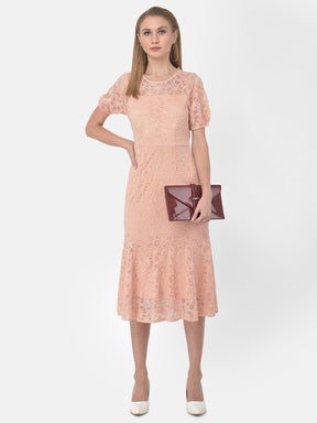 Peach Half Sleeve A-Line Dress With Lace
