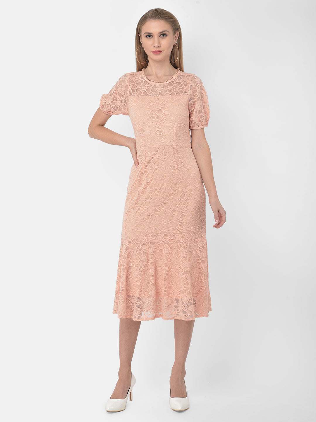 Peach Half Sleeve A-Line Dress With Lace