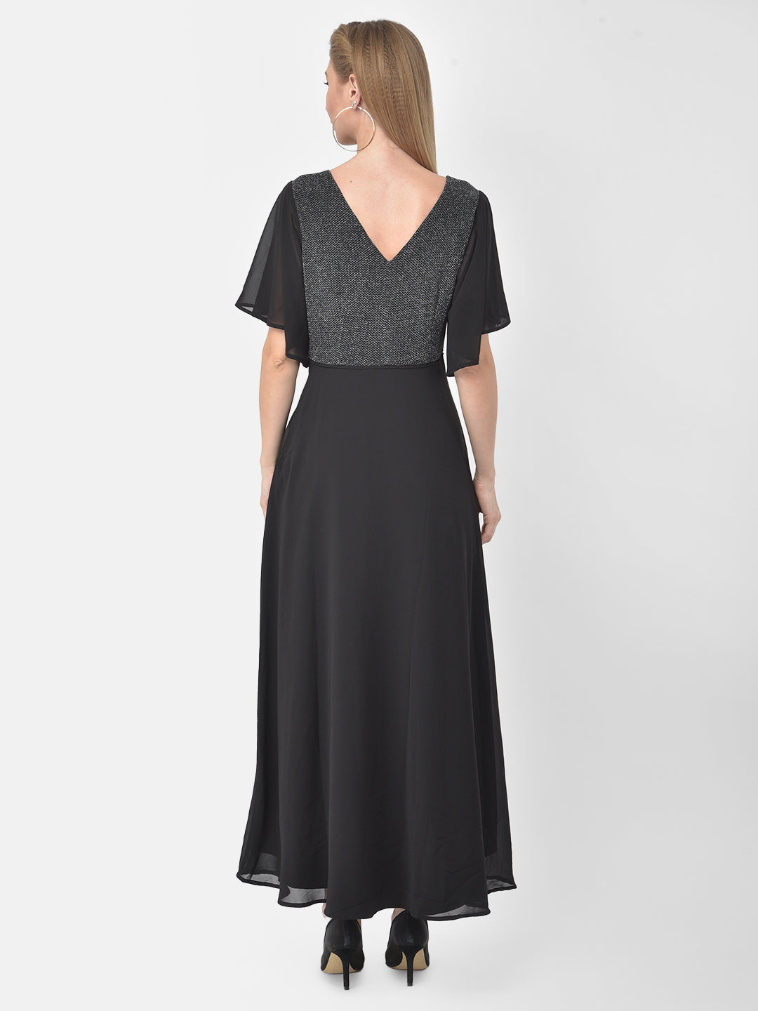 Black Solid Half Sleeve Maxi Dress