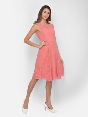 Pink Sleeveless A-Line Dress With Lace