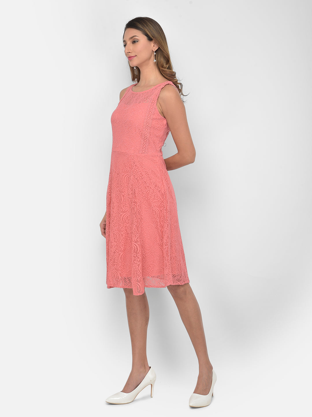 Pink Sleeveless A-Line Dress With Lace