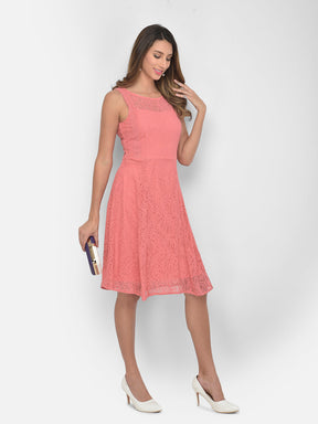 Pink Sleeveless A-Line Dress With Lace