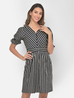 Black Half Sleeve A-Line Stripe Dress