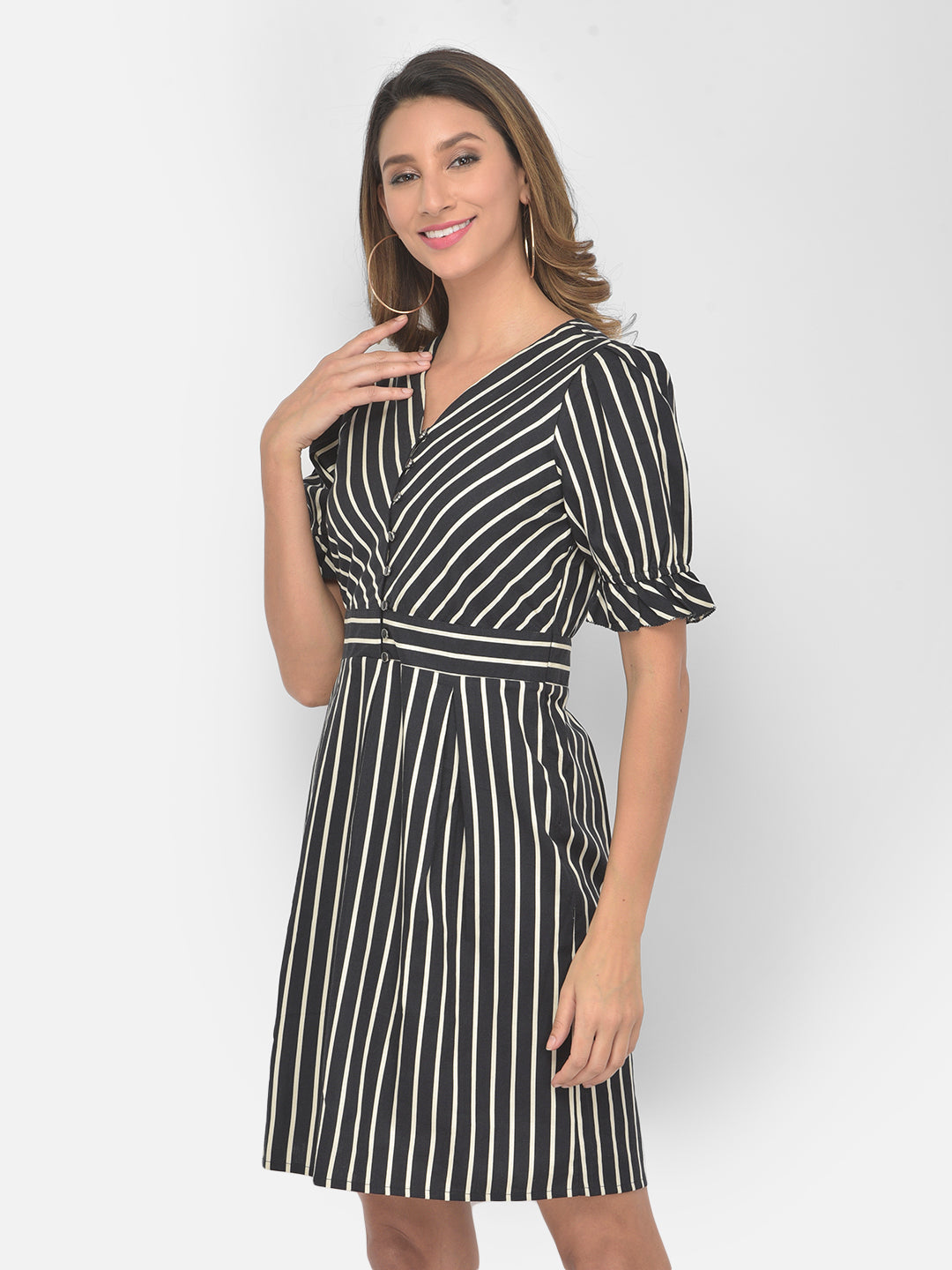 Black Half Sleeve A-Line Stripe Dress