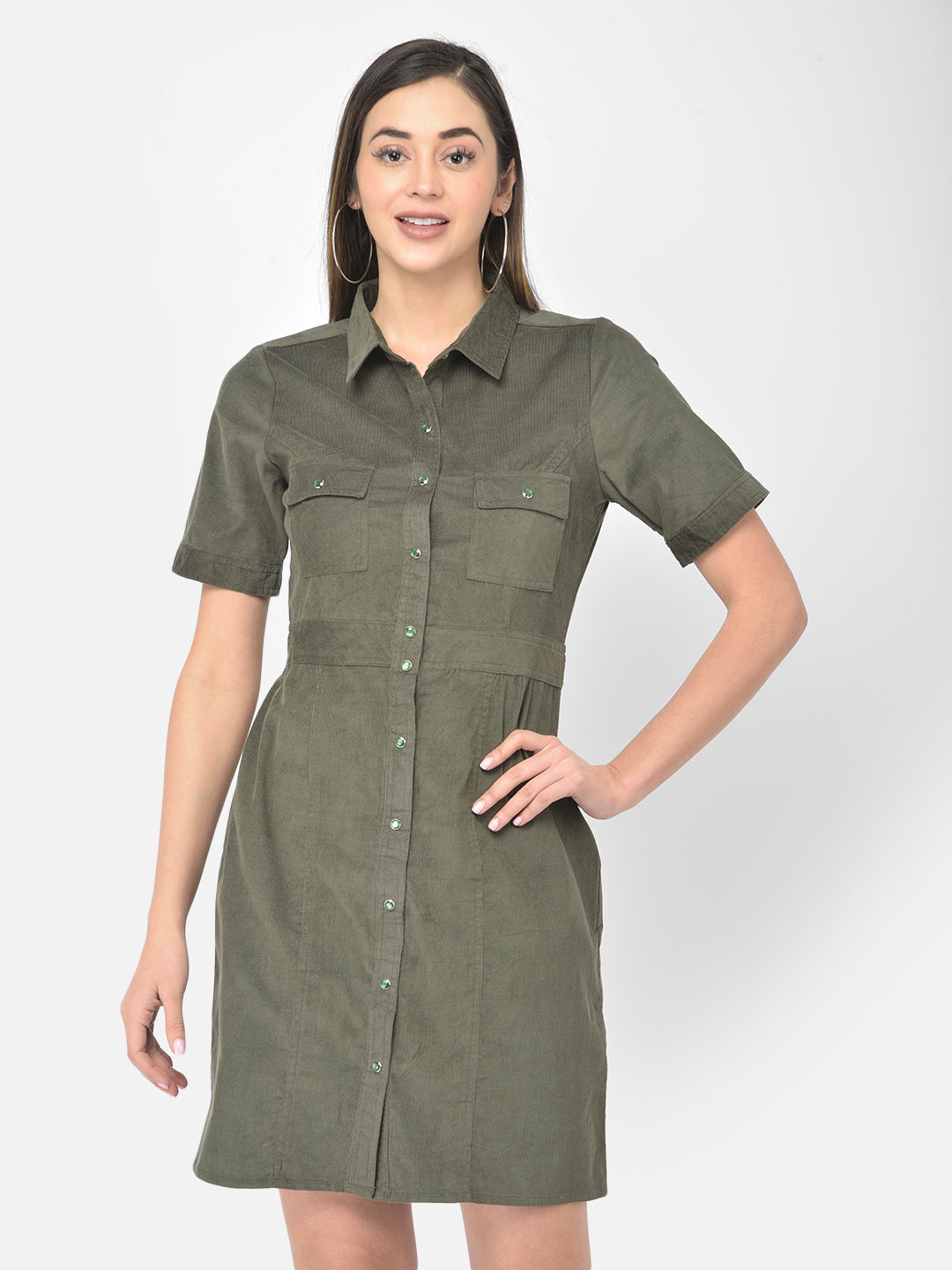 Green Corduroy HalfSleeve Shirt Dress