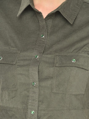 Green Corduroy HalfSleeve Shirt Dress