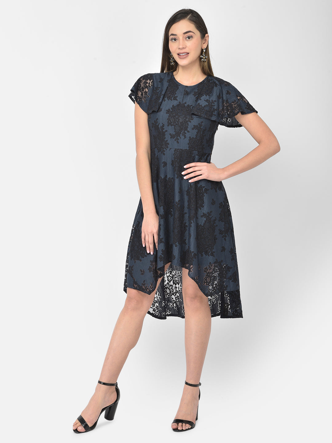 Blue Half Sleeve A-Line Lace Dress