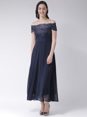 Blue Navy Cap Sleeves Maxi Dress