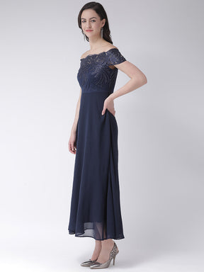 Blue Navy Cap Sleeves Maxi Dress