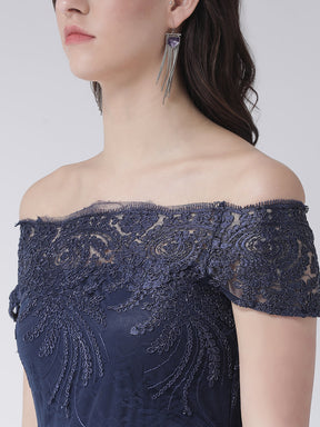 Blue Navy Cap Sleeves Maxi Dress
