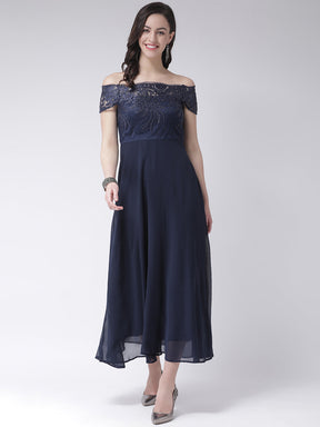 Blue Navy Cap Sleeves Maxi Dress