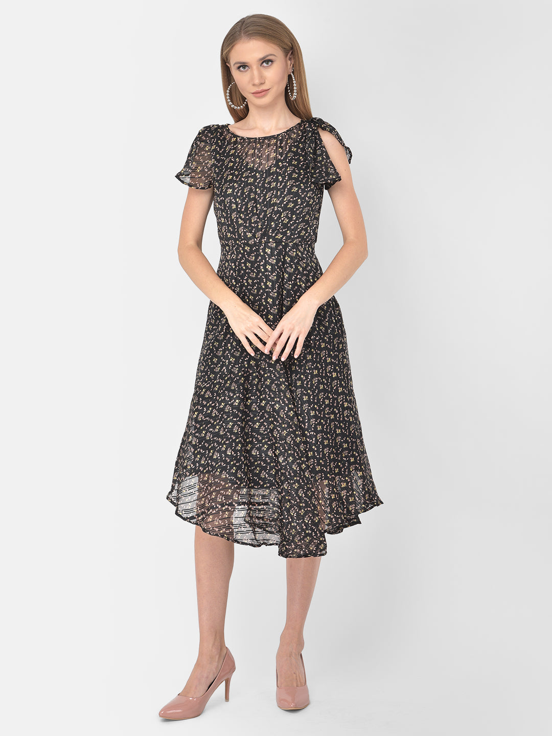 Black Cap Sleeve High Low Polyester Dress