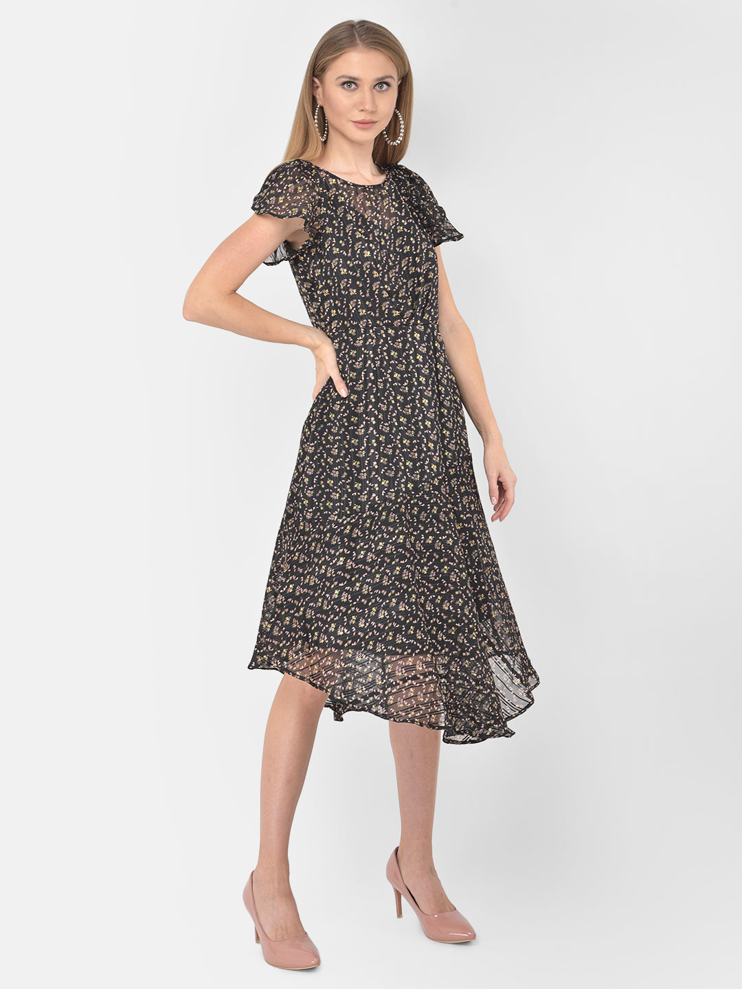 Black Cap Sleeve High Low Polyester Dress