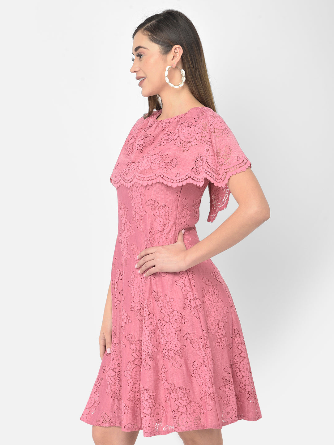Pink Cap Sleeve A-Line Dress With Lace