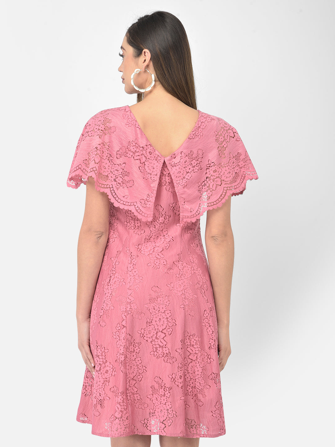 Pink Cap Sleeve A-Line Dress With Lace