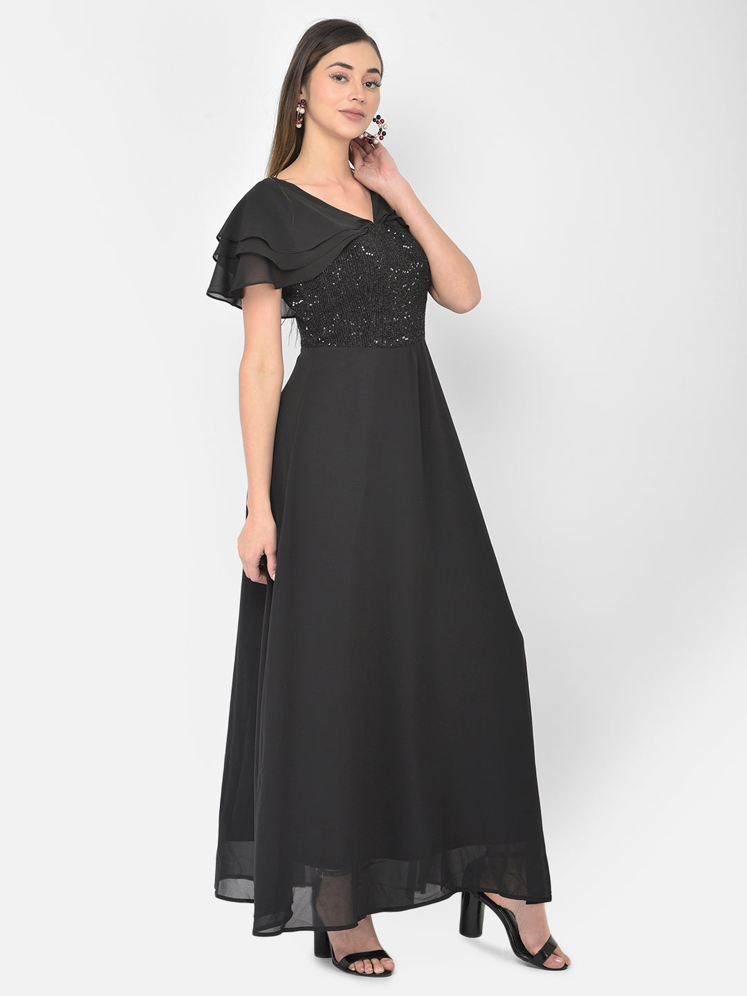 Black Half Sleeve Maxi Dress With Ruffles