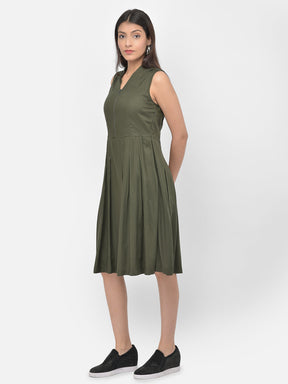 Green Rayon Sleeveless A-Line Dress