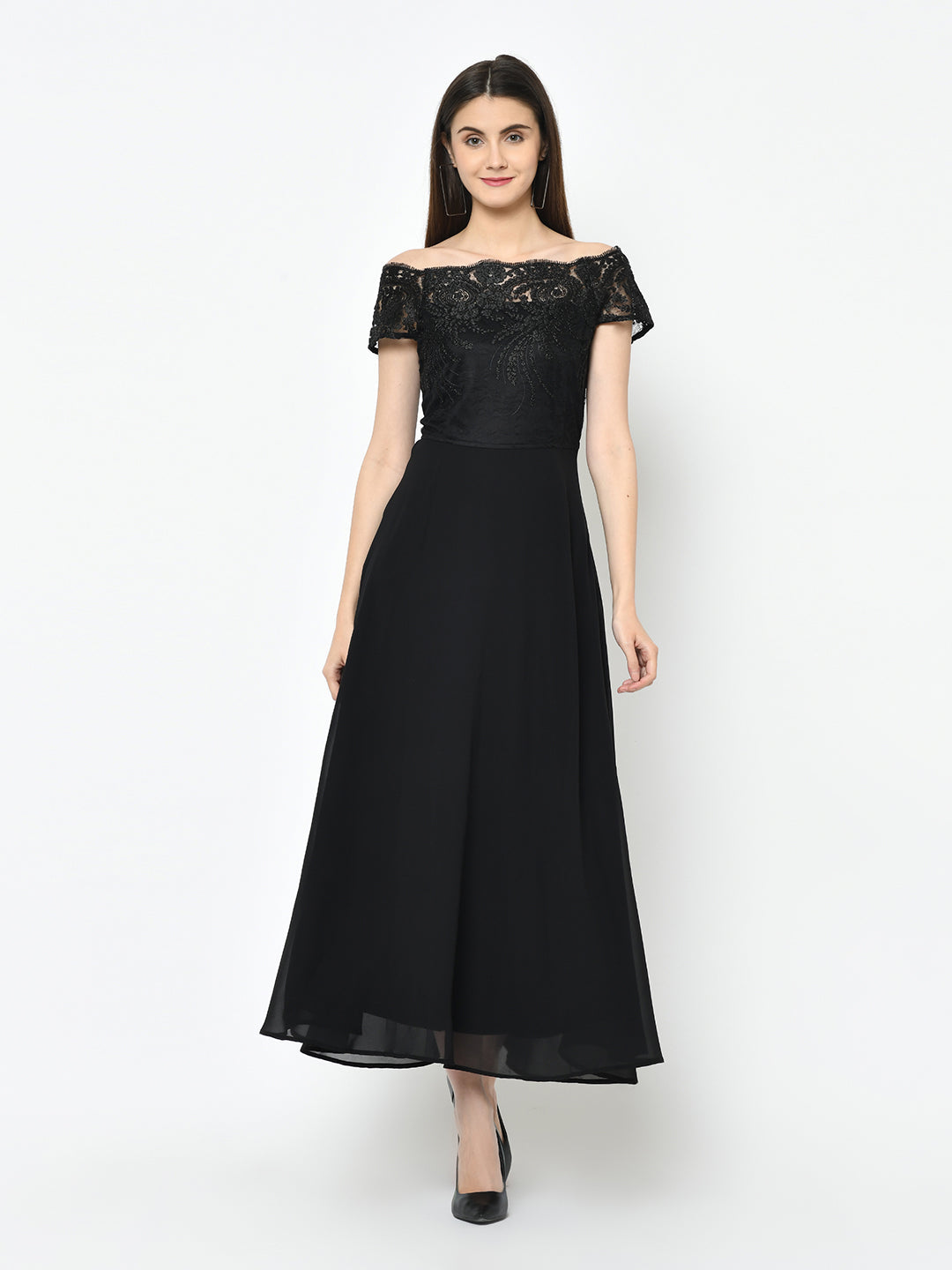 Black Cap Sleeve Maxi Dress With Squence