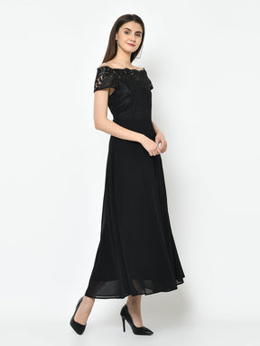 Black Cap Sleeve Maxi Dress With Squence
